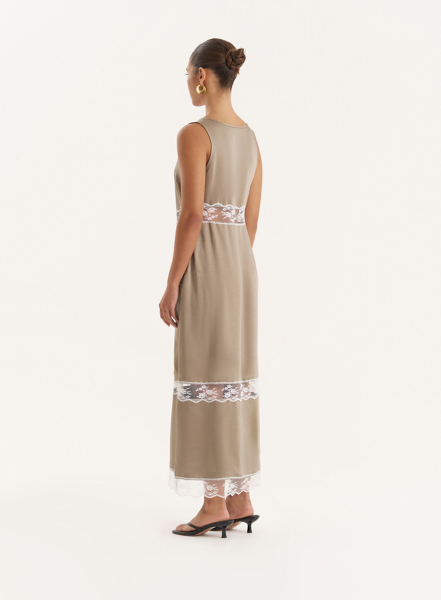 Khaki Satin Lace Cut Out Maxi Dress